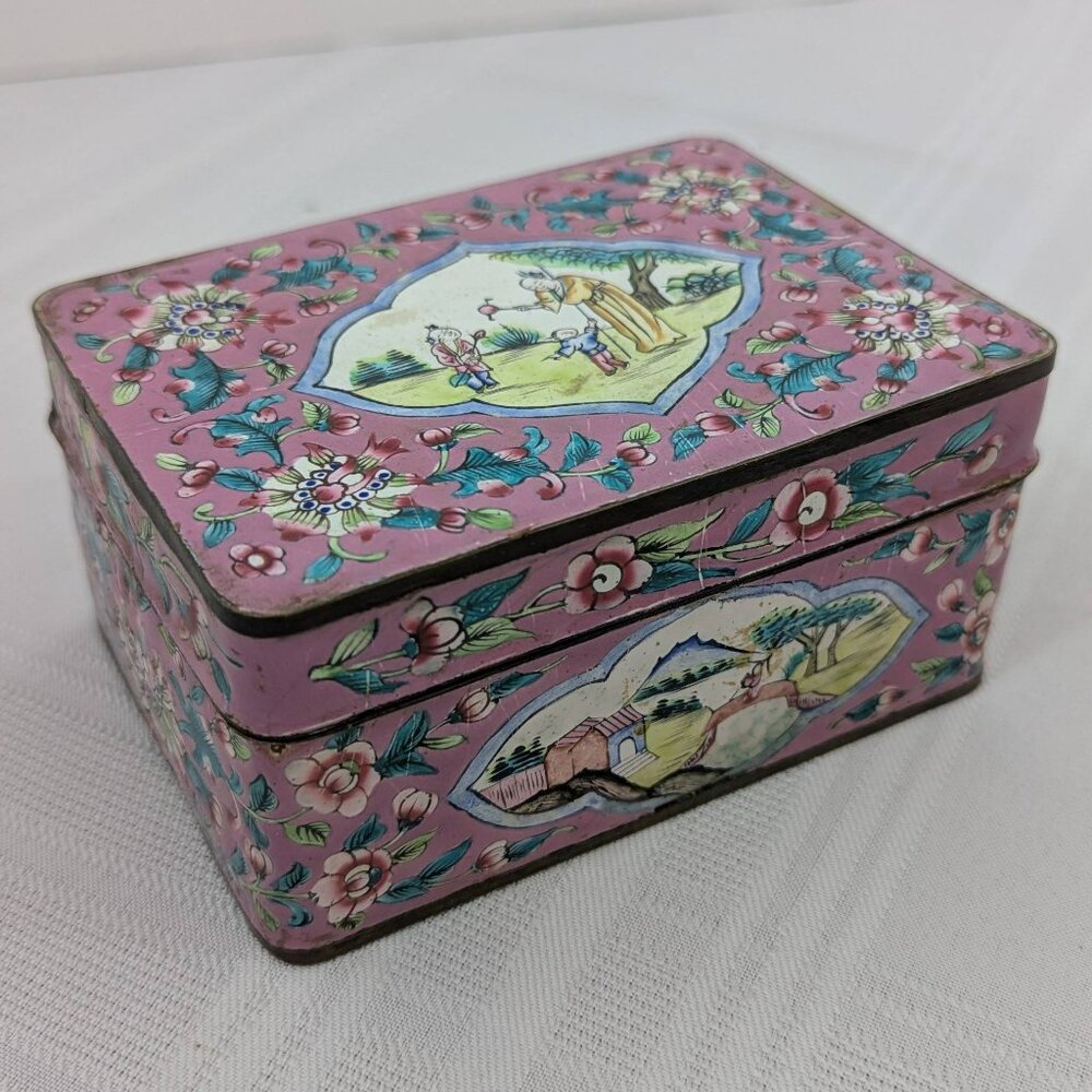 Antique Chinese copper trinket box hand-painted enamel cloisonne pink floral